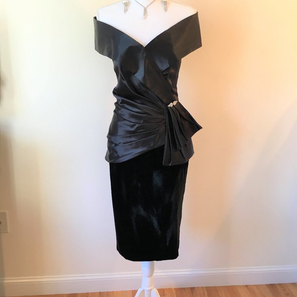 Cocktail Dress / Black Satin Bodice with velour skirt and rhinestone  - Size 4